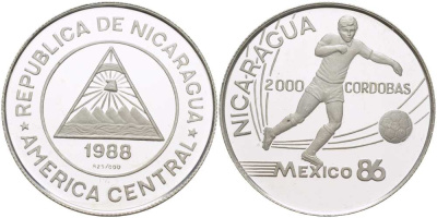 Никарагуа 2000 кордоба 1988 чемпионат мира по футболу в Мексике 1986 года KM 65 серебро PROOF 00-00