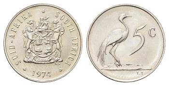 ЮАР 5 центов 1974 герб, райский журавль KM 84 никель UNC 4696-957