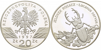 Польша 20 злотых 1997 серия сохраним наш мир, жук-олень (рогач) KM 330 серебро PROOF 00-805-63