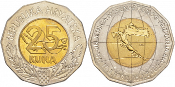 Хорватия 25 кун 2002 10 лет международного признания республики Хорватия KM 66 биметалл UNC M36-11