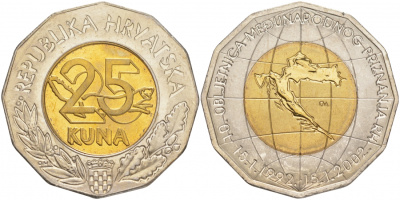 Хорватия 25 кун 2002 10 лет международного признания республики Хорватия KM 66 биметалл UNC M36-11