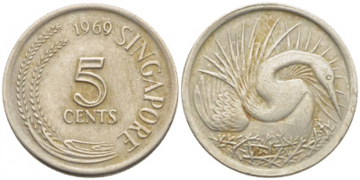 Сингапур 5 центов 1969 большая белая цапля KM 2 медно-никель 105-1245