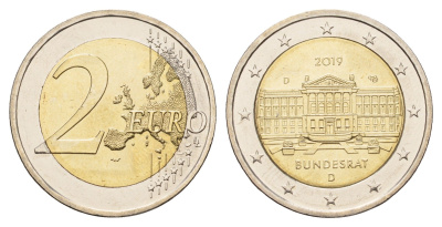 Германия 2 евро 2019 D, 70 лет Бундесрату KM 377 биметалл UNC 72-1732