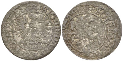 Великое княжество Литовское 2 денария 1623 Сигизмунд III (1587-1632), вес 0,63 гр. серебро 1517-244