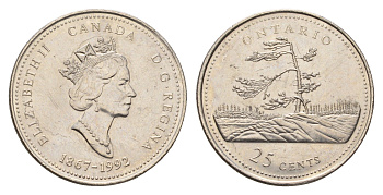 Канада 25 центов 1992 125 лет Конфедерации Канада - Онтарио KM 223 никель aUNC 113-627