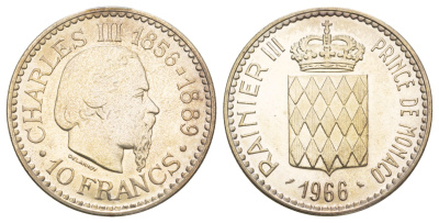 Монако 10 франков 1966 110 лет вступлению на престол Чарльза III KM 146 серебро UNC 413-4632