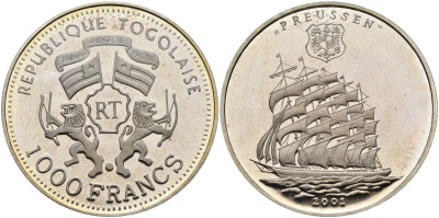 Того 1000 франков 2001 парусник "Preussen" KM 40 серебро PROOF 04-318-31