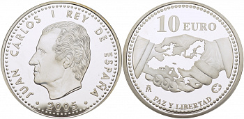 Испания 10 евро 2005 M, 60 лет миру и свободе в Европе KM 1065 серебро PROOF 01-166-24