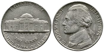 США 5 ЦЕНТОВ 1974 ДЖЕФЕРСОН KM А192 медно-никель 73-1357