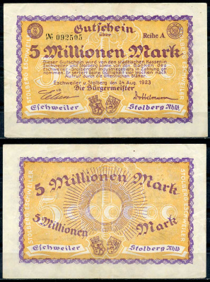 Германия, Штольберг 5000000 марок 1923 нотгельд, 24.08.1923 бумага UNC (пресс) 444-108-2-2