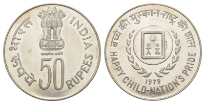 Индия 50 рупий 1979 Международный год ребенка KM 260 серебро BU 1088-6-23