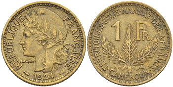 Французский Камерун 1 франк 1924 (а), монетный двор Париж KM 2 алюминиевая бронза 4610-843