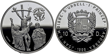 Андорра 10 динеров 1999 серия миллениум, распятие Иисуса Христа KM 162 серебро PROOF 11-153-35