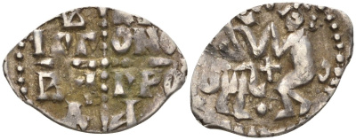 Великий Новгород денга 1420-1478 ВЕЛИКОГО НОВАГОРОДА/сцена оммажа, князь сидит Гулецкий/Петрунин 3004 серебро 507-913