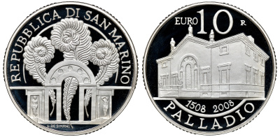 Сан-Марино 10 евро 2008 500 лет Андреа Палладио, в оригинальной коробке, сертификат KM 514 серебро PROOF 4-3-4-37