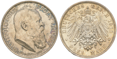 Бавария 3 марки 1911 D, 90 лет принц-регенту Баварии Луитпольду Weege 49, J. 49, KM 517 серебро 00-901-11