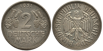 ФРГ 2 марки 1951 F J 386, KM 111 медно-никель плакированный никелем 413-2411