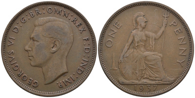 Великобритания 1 пенни 1937 Георг VI (1936-1952) KM 845, Spink 4114 бронза 4607-1114