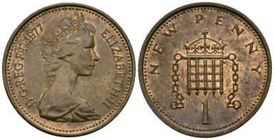 Великобритания 1 пенни 1977 Елизавета II (1952-2022) KM 915, Spink 4237 (B1) бронза 4539-942