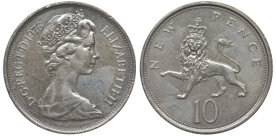Великобритания 10 пенсов 1976 Елизавета II (1952-2022) KM 912, Spink 4231 (F1) медно-никель 4131-342