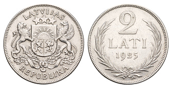 Латвия 2 лата 1925 год-тип KM 8 серебро 4657-821