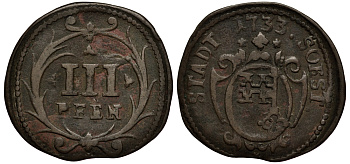 Соест 3 пфеннига 1733 KM 30 медь 413-2831