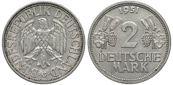 ФРГ 2 марки 1951 G J 386, KM 111 медно-никель плакированный никелем 4681-635