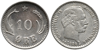 ДАНИЯ 10 ЭРЕ 1884 C; S, КРИСТИАН IX (1863-1906) KM 795.1 серебро 4380-1119