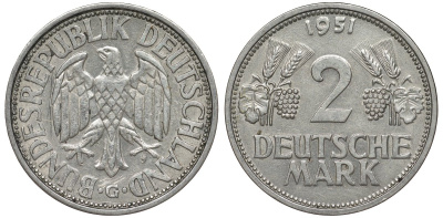 ФРГ 2 марки 1951 G J 386, KM 111 медно-никель плакированный никелем 4681-635