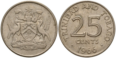 Тринидад и Тобаго 25 центов 1966 герб KM 4 медно-никель 4152-1049