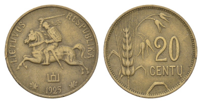 Литва 20 центов (сентов) 1925 KM 74 алюминиевая бронза 46-2511