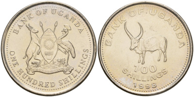 Уганда 100 шиллингов 1998 KM 67 медно-никель UNC 4185-1241