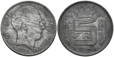 Бельгия 5 франков 1941 DES BELGEN KM 130.1 цинк 4556-1043