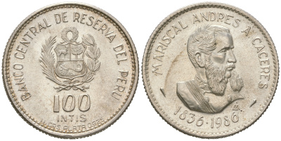 Перу 100 инти 1986 150 лет со дня рождения Андрес Авелино Касерес KM 298 серебро  UNC  413-4244