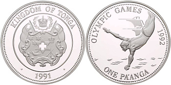 Тонга 1 паанга 1991 XXV летние Олимпийские игры в Барселоне 1992 года, прыжки с трамплина в воду KM 140 серебро PROOF 1088-10-41
