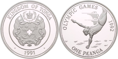 Тонга 1 паанга 1991 XXV летние Олимпийские игры в Барселоне 1992 года, прыжки с трамплина в воду KM 140 серебро PROOF 1088-10-41