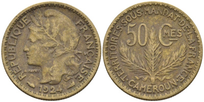 Французский Камерун 50 сантимов 1924 (а), монетный двор Париж KM 1 алюминиевая бронза 4164-1168
