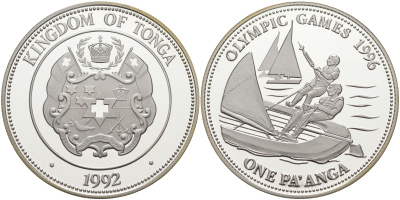 Тонга 1 паанга 1992 XXVI летние Олимпийские игры 1996 года в Атланте, парусный спорт KM 156 серебро PROOF 1074-4-41