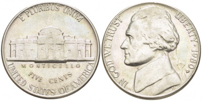 США 5 ЦЕНТОВ 1980 D, ДЖЕФЕРСОН KM А192 медно-никель 3457-1226