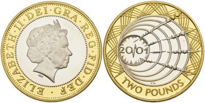 Великобритания 2 фунта 2001 Елизавета II (1952-2022), столетие трансатлантическому радио Spink 4572 (K11) биметалл PROOF 00-809-81