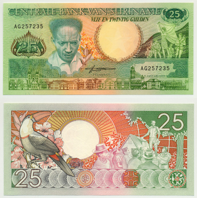 Суринам 25 гульденов 1988 Антон де Ком, тукан на ветке Pick 132 b бумага UNC (пресс) 7485-43-3