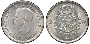 Швеция 2 кроны 1945 TS, Густав V (1907-1950) KM 815 серебро 4178-1345
