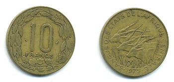 ВАЛЮТНЫЙ СОЮЗ ЦЕНТРАЛЬНОЙ АФРИКИ 10 ФРАНКОВ 1975 бронза 4-941