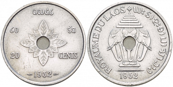 Лаос 20 центов 1952 король Сисаванг Вонг (1904-1959), слоны KM 5 алюминий UNC 4545-241