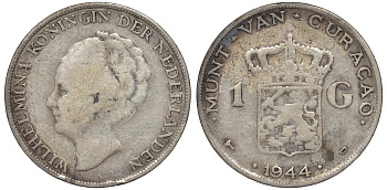 Нидерландское Кюрасао 1 гульден 1944 D, Вильгельмина (1890-1948) KM 45 серебро 36-541