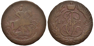 Россия 2 копейки 1765 ММ, Екатерина II (1762-1796), перечекан из 4 копеек Биткин 533 медь 1096-3-14