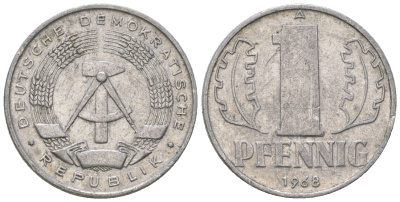 ГДР 1 пфенниг 1968 А КМ 8.1 алюминий 4651-1137