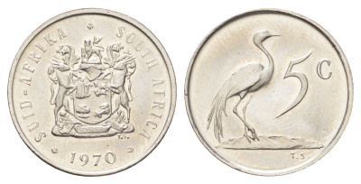 ЮАР 5 центов 1970 герб, райский журавль KM 84 никель UNC 4696-953