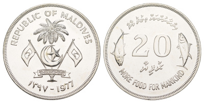 Мальдивские острова (Мальдивы) 20 руфий 1977 ФАО - Больше еды для человечества, с вкладышем с полной информацией о монете KM 56 серебро PROOF 1083-4-43