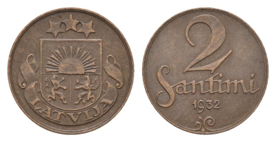Латвия 2 сантима 1932 KM 2 бронза 4679-246